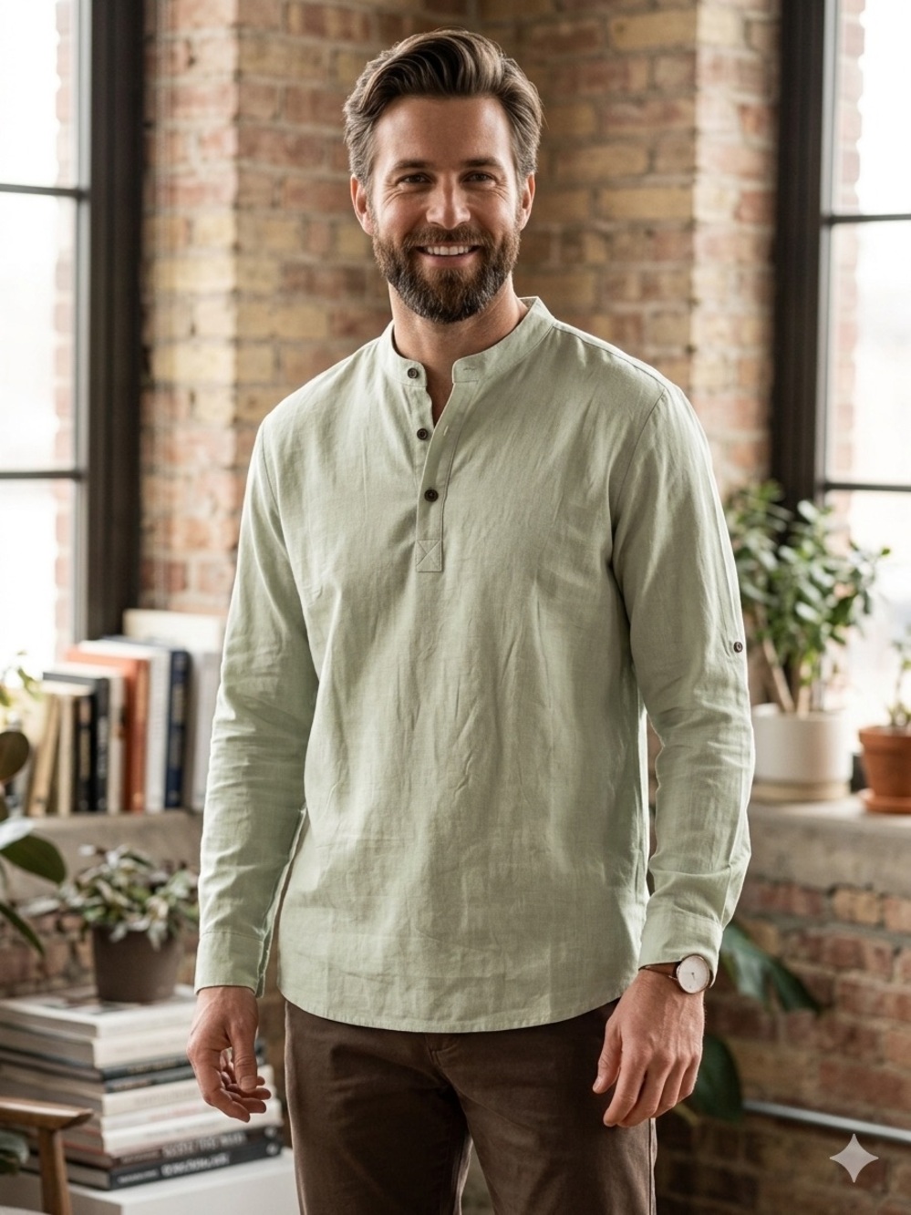 COOFANDY Men's Sage Green Linen Blend Henley Shirt Mandarin Collar XL